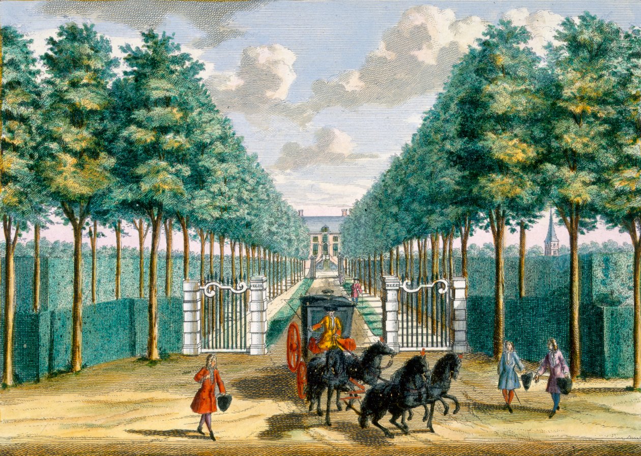 Utsikt over Velserbeek House fra oppkjørselen og inngangen, fra Het Zeganpralent Kennemerlant av Hendrick de Leth og Matthias Brouerius Van Nidek, publisert ca. 1700-1730 av Dutch School