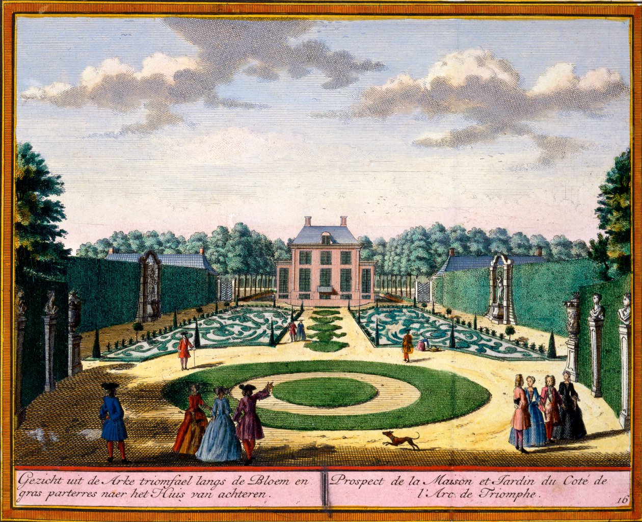Utsikt over huset og hagen nær triumfbuen, fra Her Zeganpralent Kennemerland av Hendrik de Leth og Matthias Brouerius Van Nidek, utgitt ca. 1700-30 av Dutch School