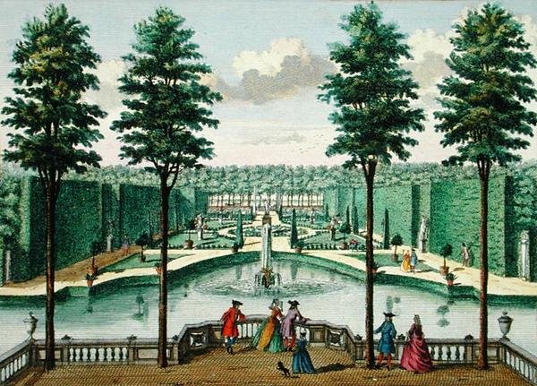 Utsikt over hagen fra huset, Watervliet, fra Her Zeganplant Kennemerland, av Hendrik de Leth og Matthias Brouerius Van Nidek, publisert ca. 1700-1730 (se også 172308, 1723 av Dutch School