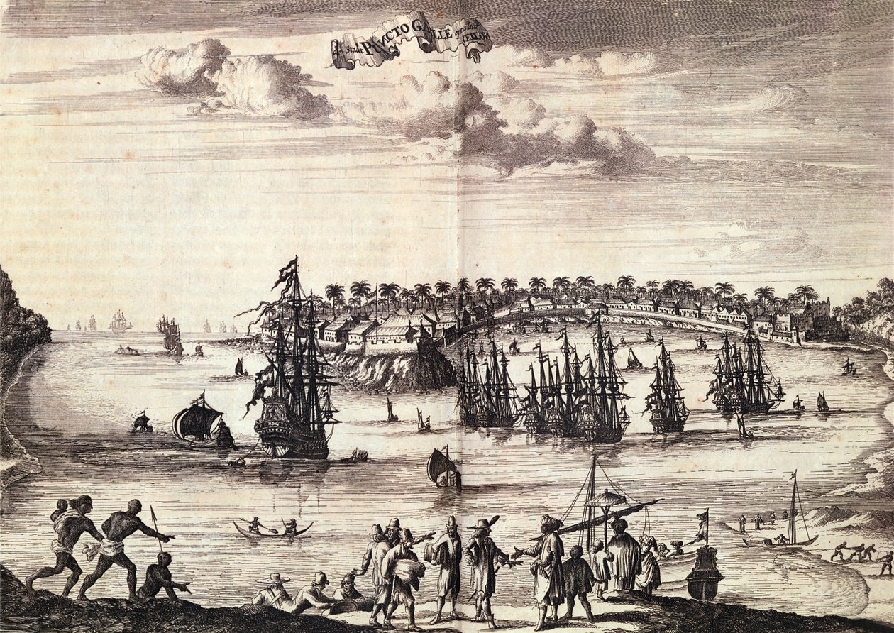 Utsikt over havnen og byen Galle, publisert i Amsterdam 1676 av Dutch School