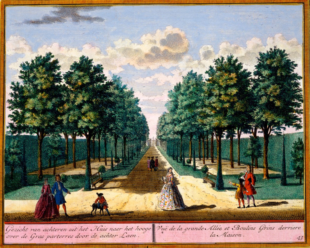 Utsikt over gangveien på baksiden av huset, fra Get Zeganpralent Kennemerland av Hendrik de Leth og Matthias Brouerius Van Nidek, publisert ca. 1700-30 av Dutch School