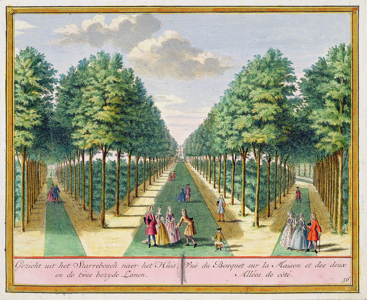 Utsikt over treet til huset og de to sidegatene, Watervliet, fra Het Zegenpralent Kennemerlant, av Hendrick de Leth og Matthias Brouerius Van Nidek, utgitt ca. 1700-1730 av Dutch School