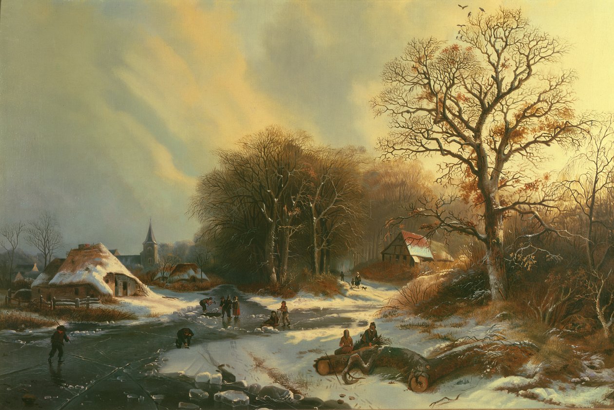 Figurer på en frossen elv av Dutch School Dutch School