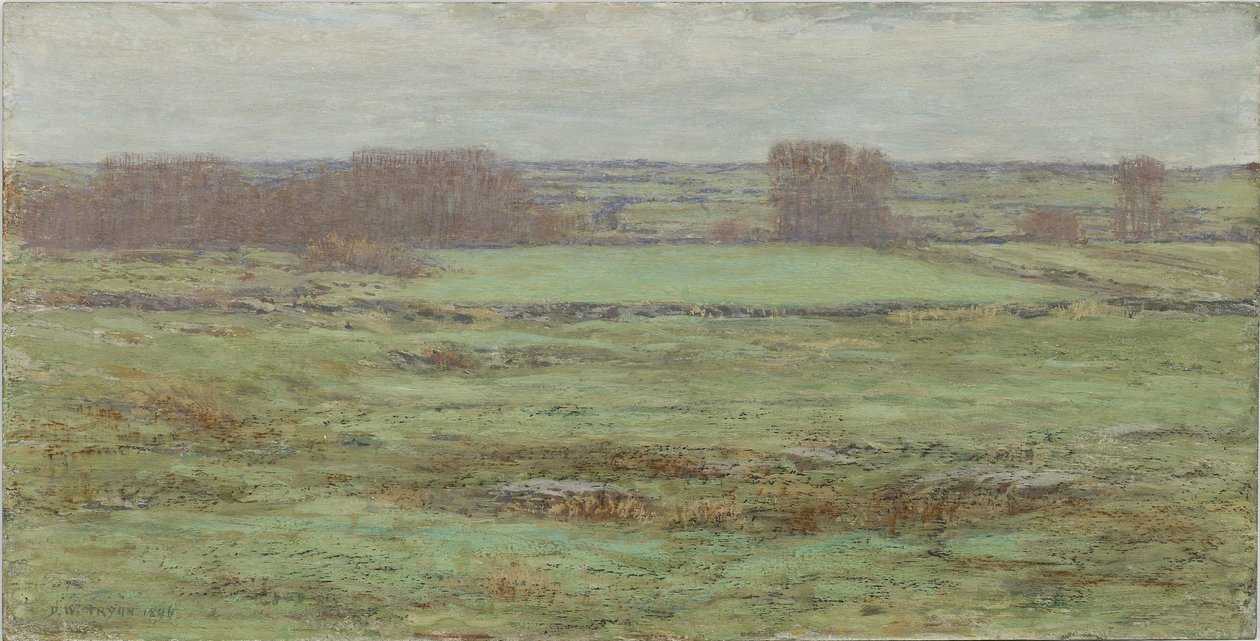 Beitemark: Tidlig vår, 1896 (gouache og wc på trepanel) av Dwight William Tryon