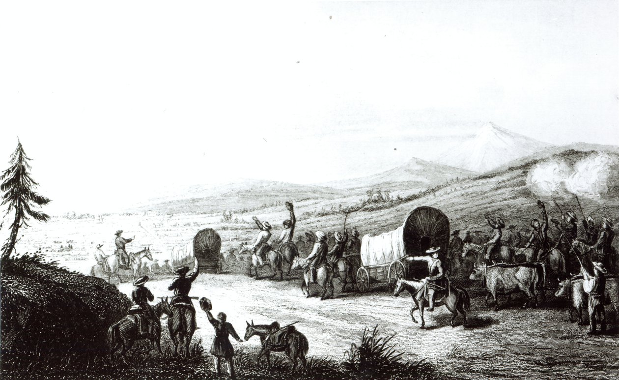 Caravanens ankomst til Sante Fe, gravert av A. L. Dick av E. Didier
