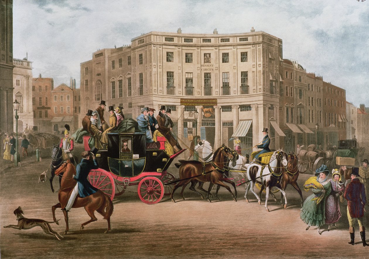 The Age, Brighton Coach at the Bull and Mouth, Regent Circus, Piccadilly, gravert av G.V.C. Jakt, 1829 av E. F. Lambert
