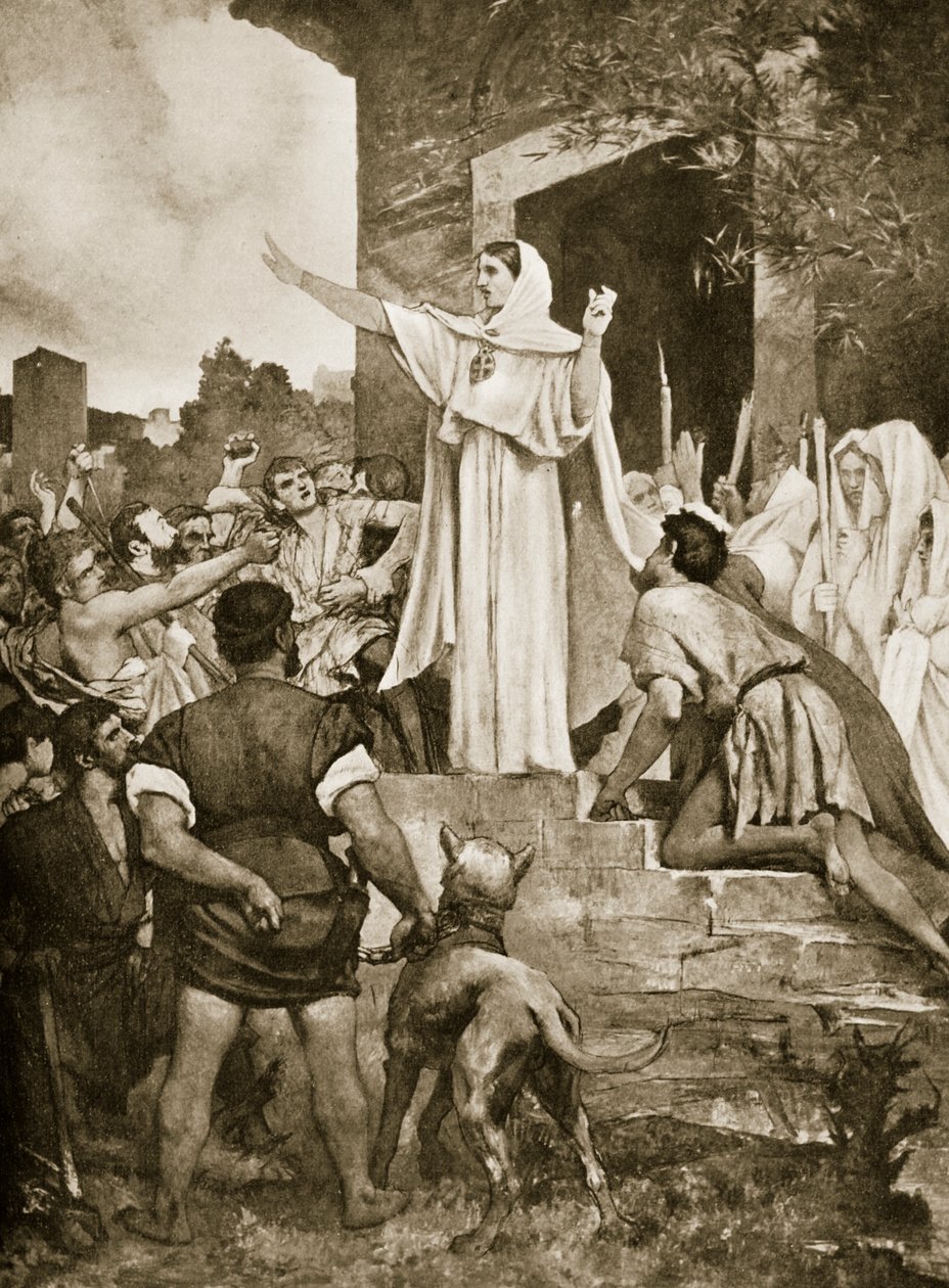 St. Genevieve beroliger pariserne under tilnærmingen til Attila, illustrasjon fra 