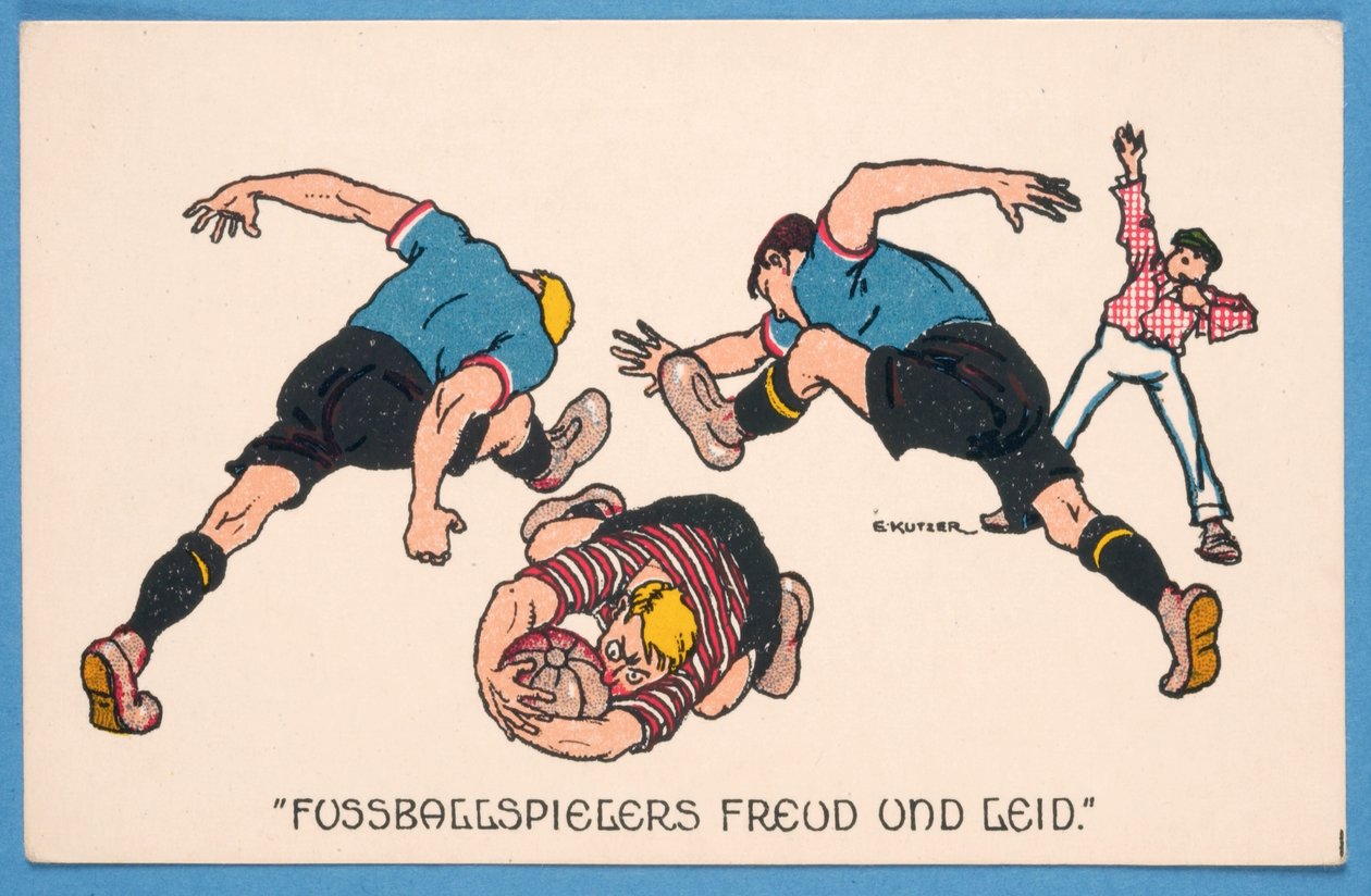 Fotballspiller Freud un Leid, postkort som viser fotballspillere av E. Kutzer