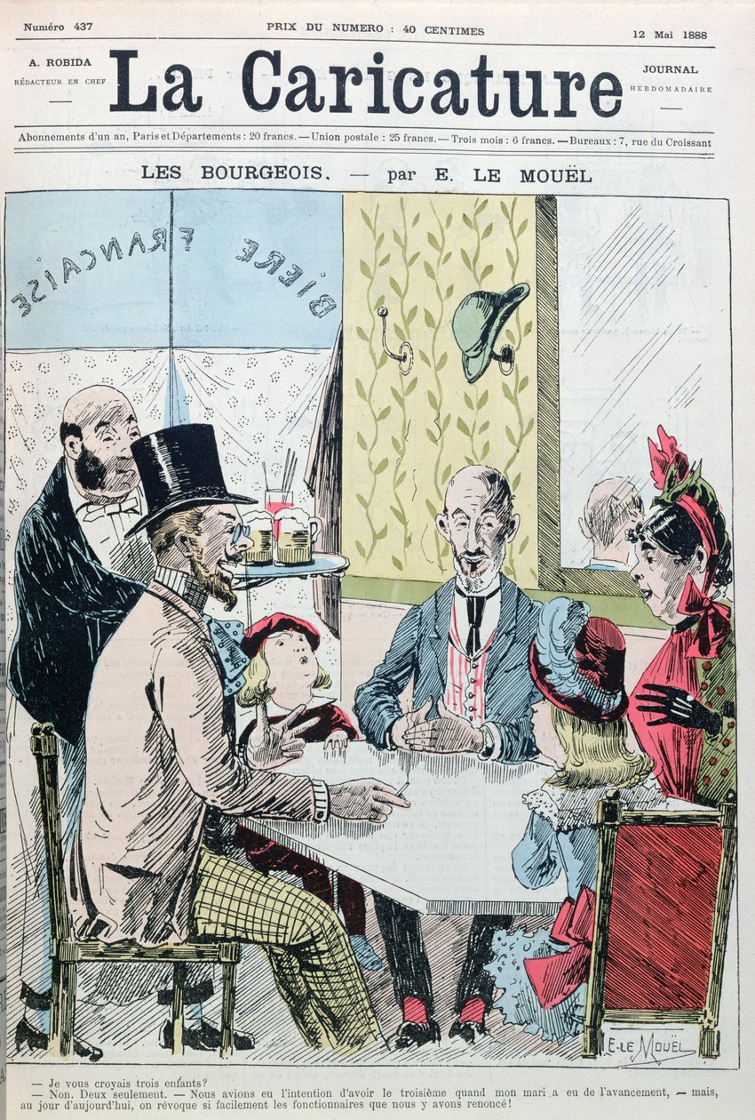 Et borgerlig ektepar som forklarer at de bare hadde to barn av økonomiske årsaker, fra La Caricature, 12. mai 1888 av E. Le Mouel