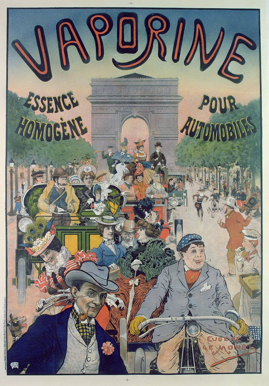 Plakat som reklamerer for bensinoljen Vaporine farge litho av E. Le Mouel