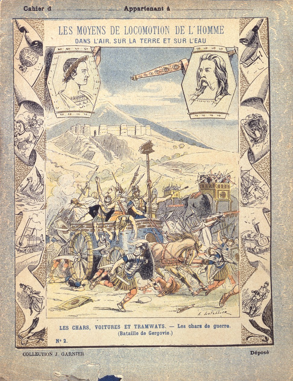 Galliske krigsvogner i slaget ved Gergovia, fra et beskyttende omslag for skolebøker, sent på 1800-tallet av E. Letellier