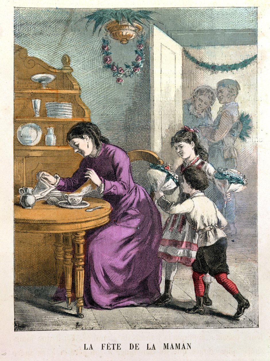 La Fete de la Maman, illustrasjon fra Beaux Jours et Fetes des Petits Enfants av A. des Tilleuls, sent på 1800-tallet av E. Morel