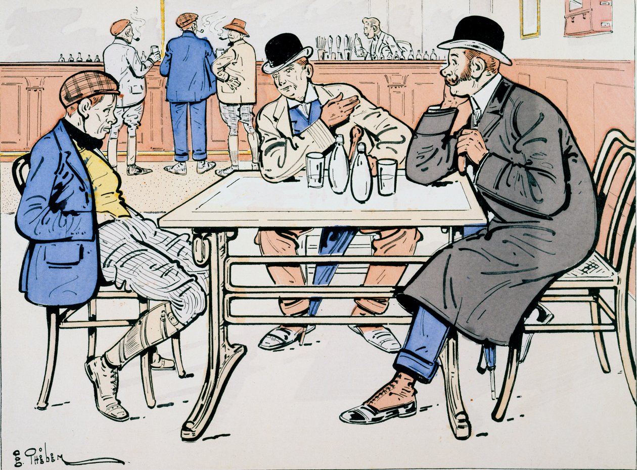 Jockey og trenere i baren, ca. 1905 av E. Thelem