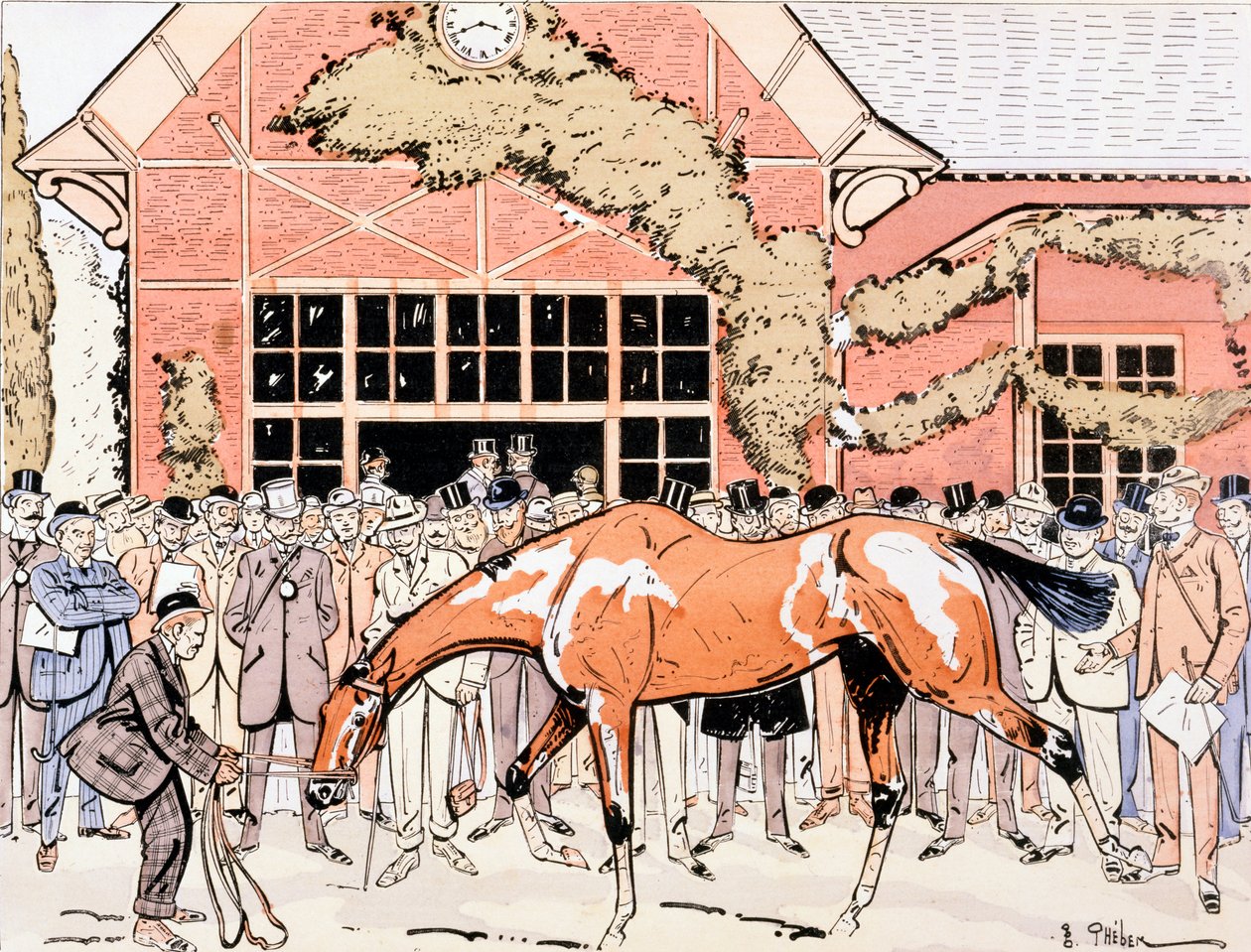 Ser på veddeløpshesten i paddocken, ca. 1905 av E. Thelem