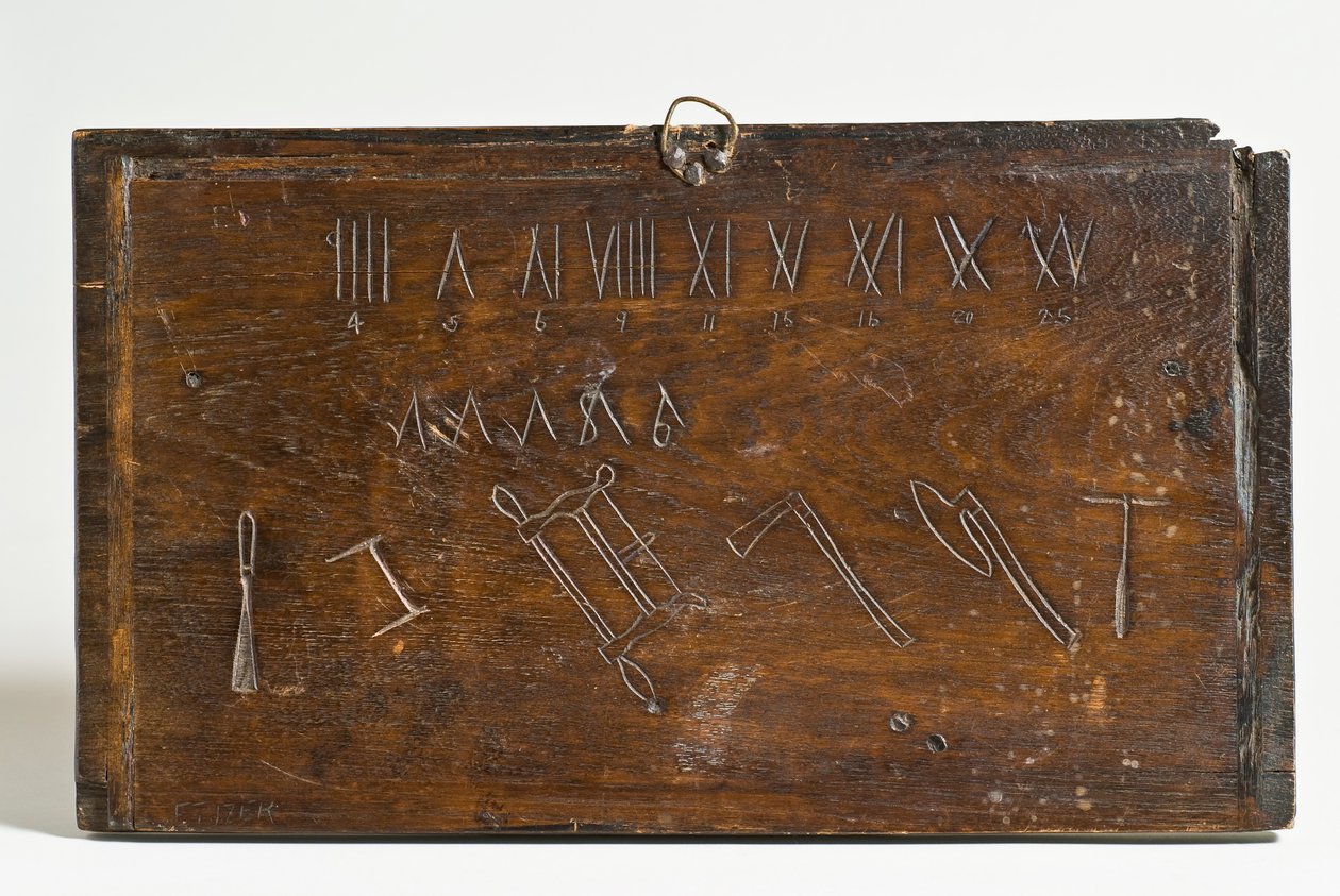 Panel som viser romertall (eventuelt påskrevet med en løpskniv), ukjente symboler og konturer av en meisel, ramme- eller buesag, økser og en snekke (eik) (verso av 701106) av E. Tijzer