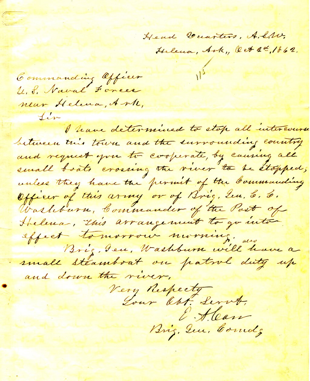 Brev fra EA Carr, Helena, Arkansas, til kommandanten for amerikanske marinestyrker nær Helena, Arkansas, 2. oktober 1862 av E.A. Carr