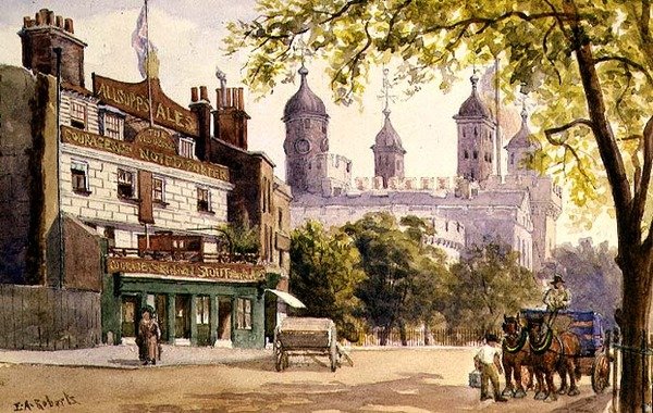 The Old George og Tower of London (akvarell) av E.A. Roberts
