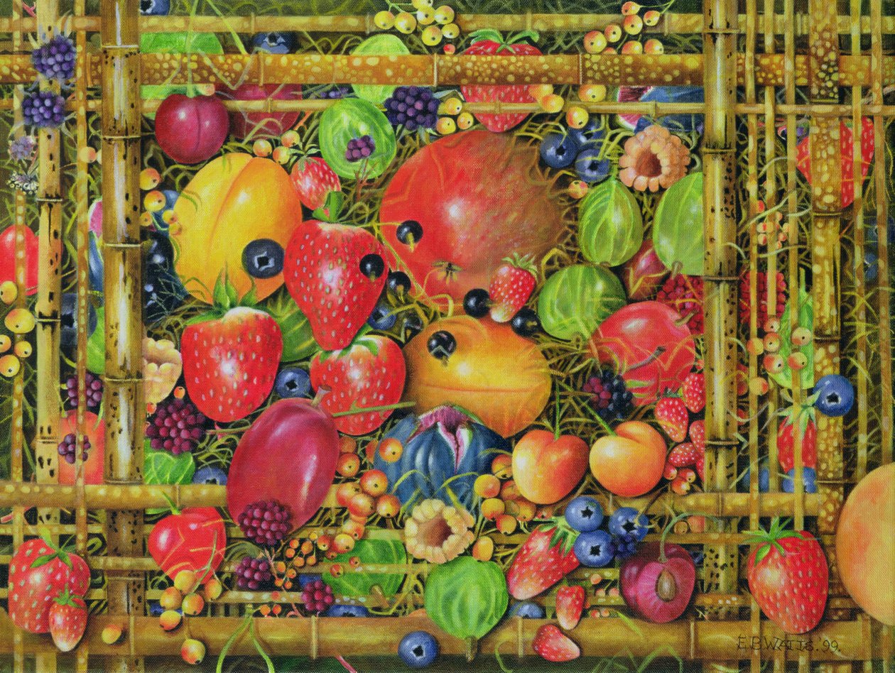 Fruit in Bamboo Box, 1999 (akryl på lerret) av E.B. Watts