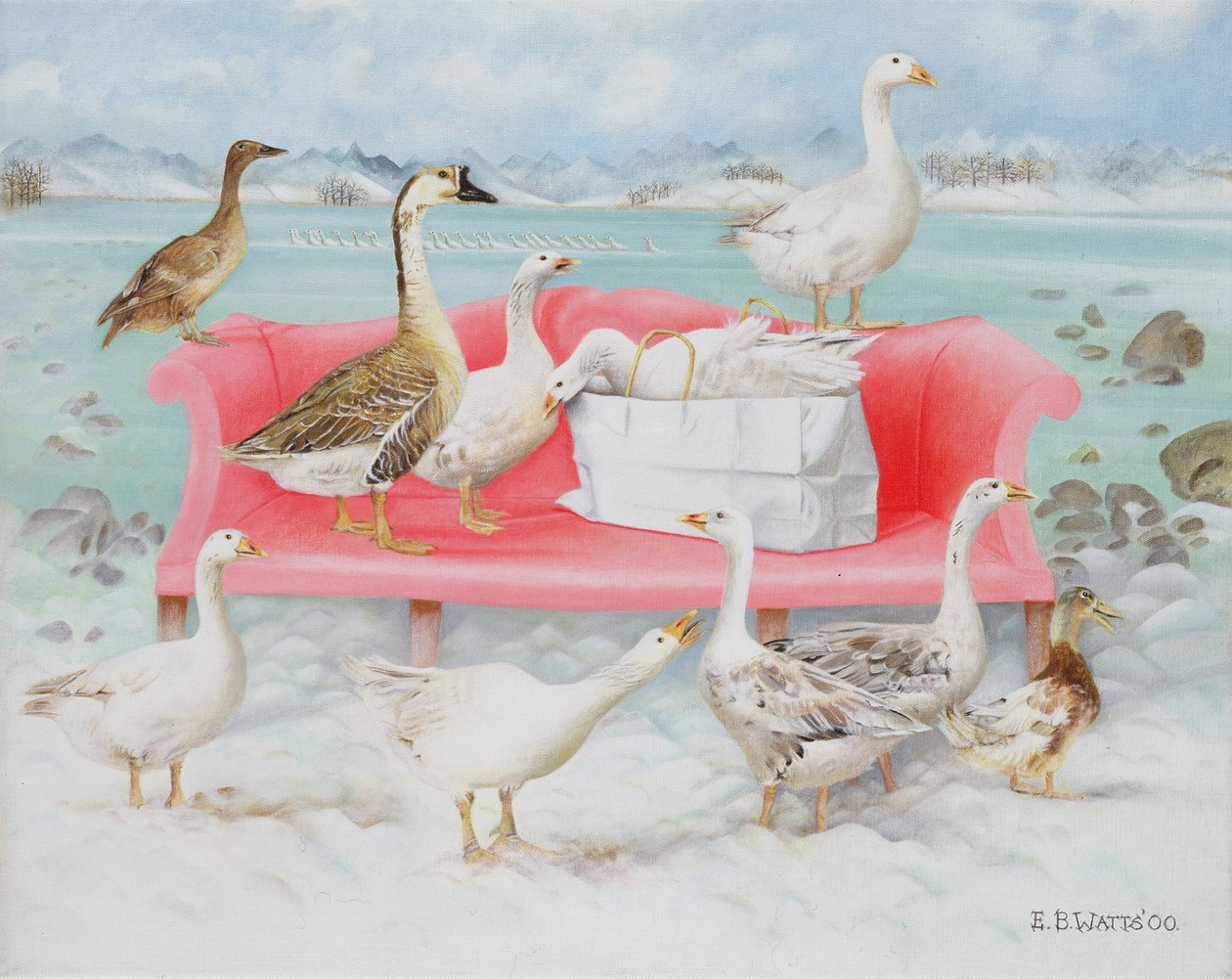 Gjess på rosa sofa, 2000 (akryl på lerret) av E.B. Watts