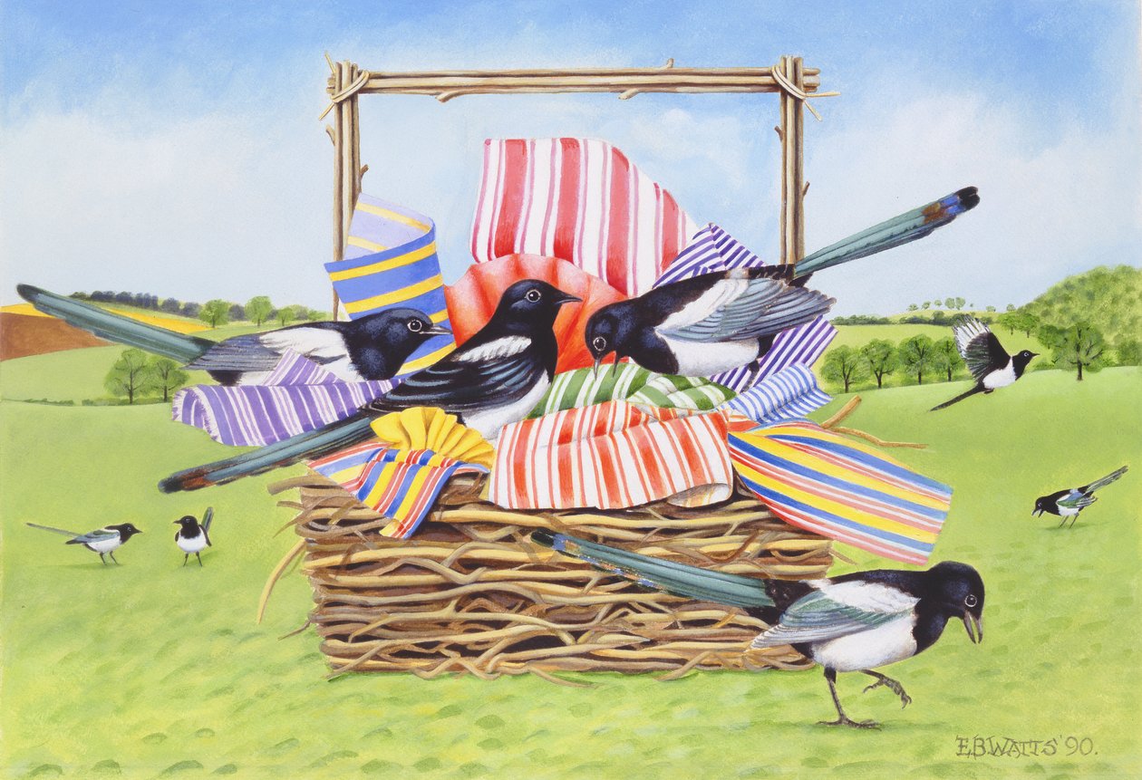 Magpies, 1990 (akryl) av E.B. Watts