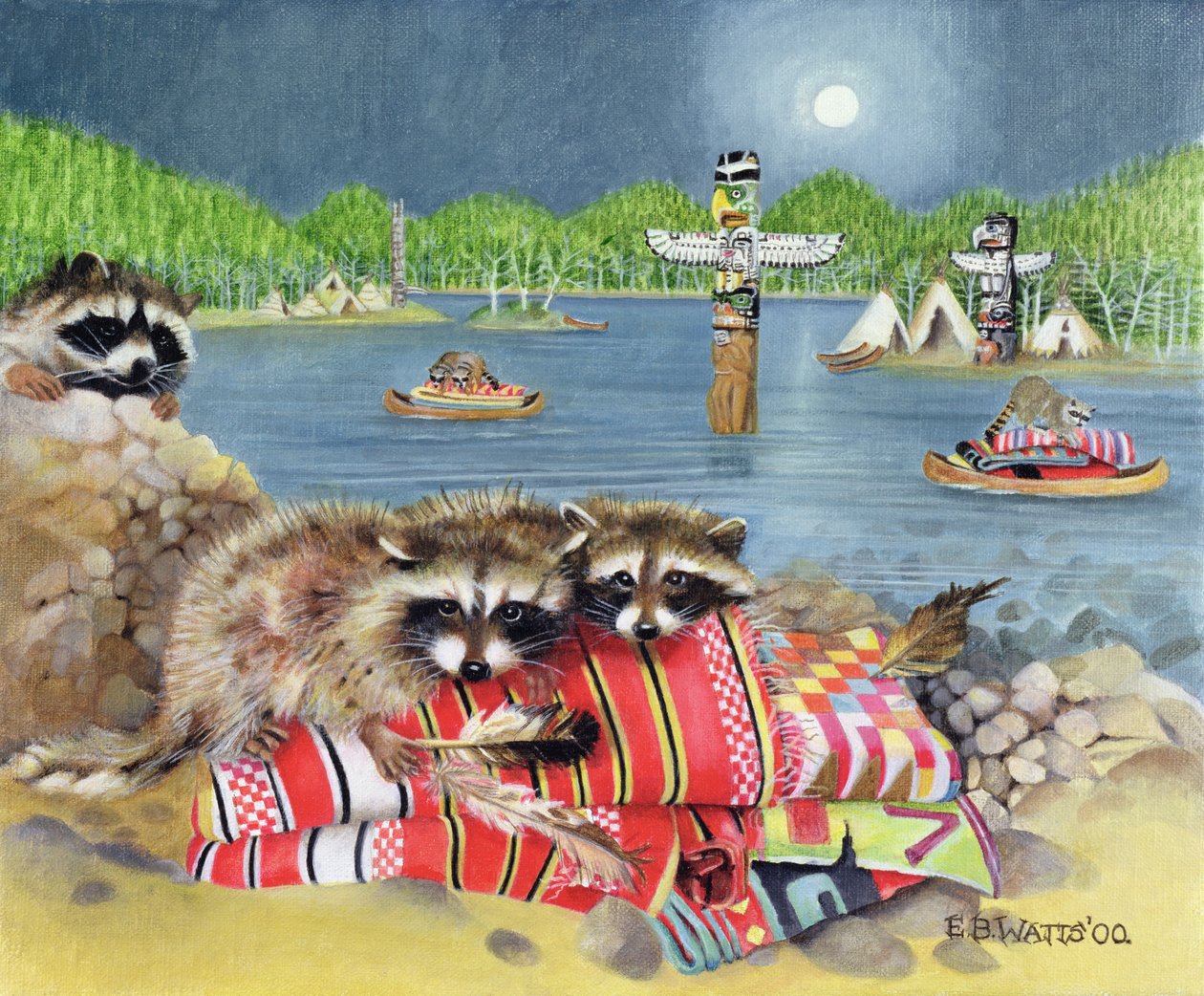 Racoons, 2000 (akryl på lerret) av E.B. Watts