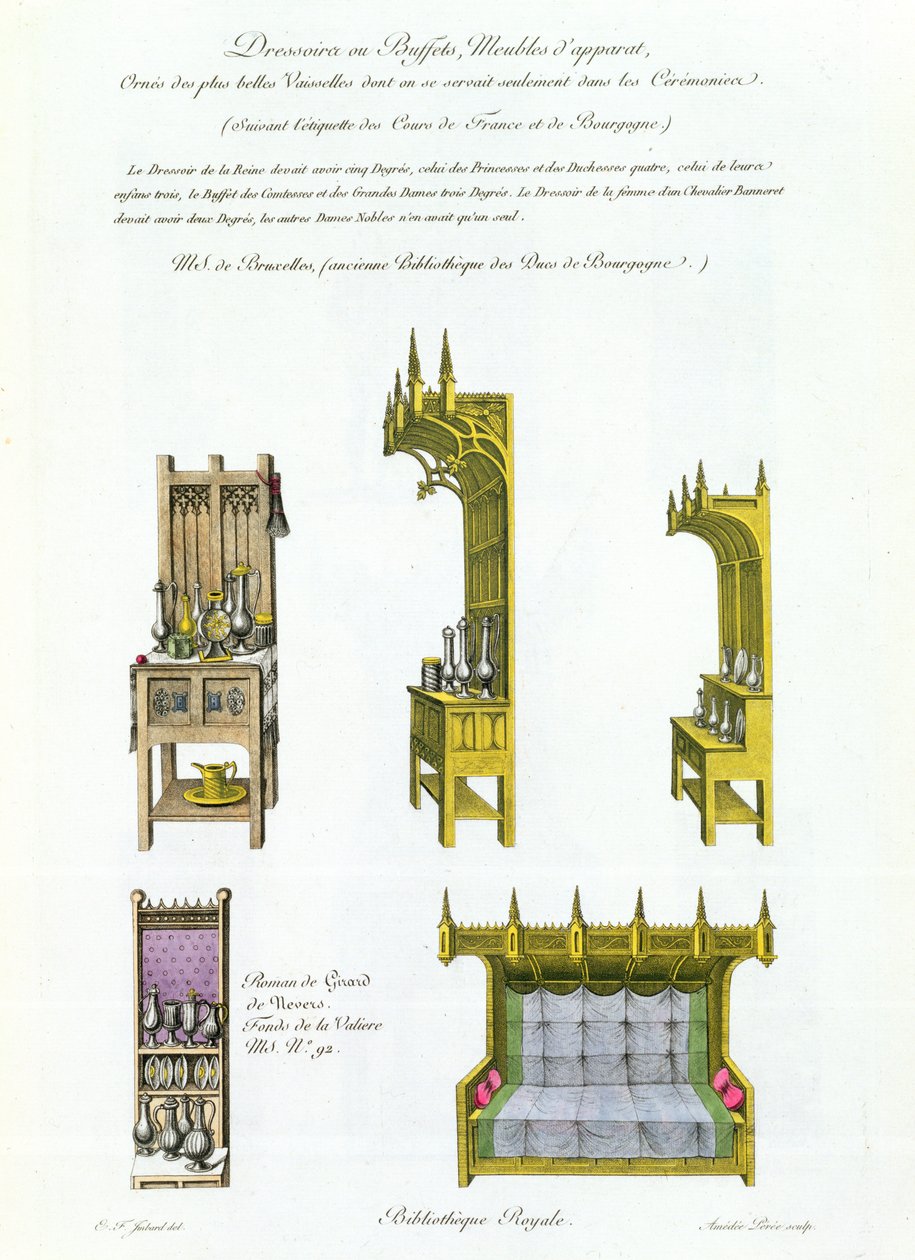 Franske og burgundiske møbler fra det femtende århundre, fra Monuments Francais, litografi av Amedee Peree, 1839 av E.F. Imbard