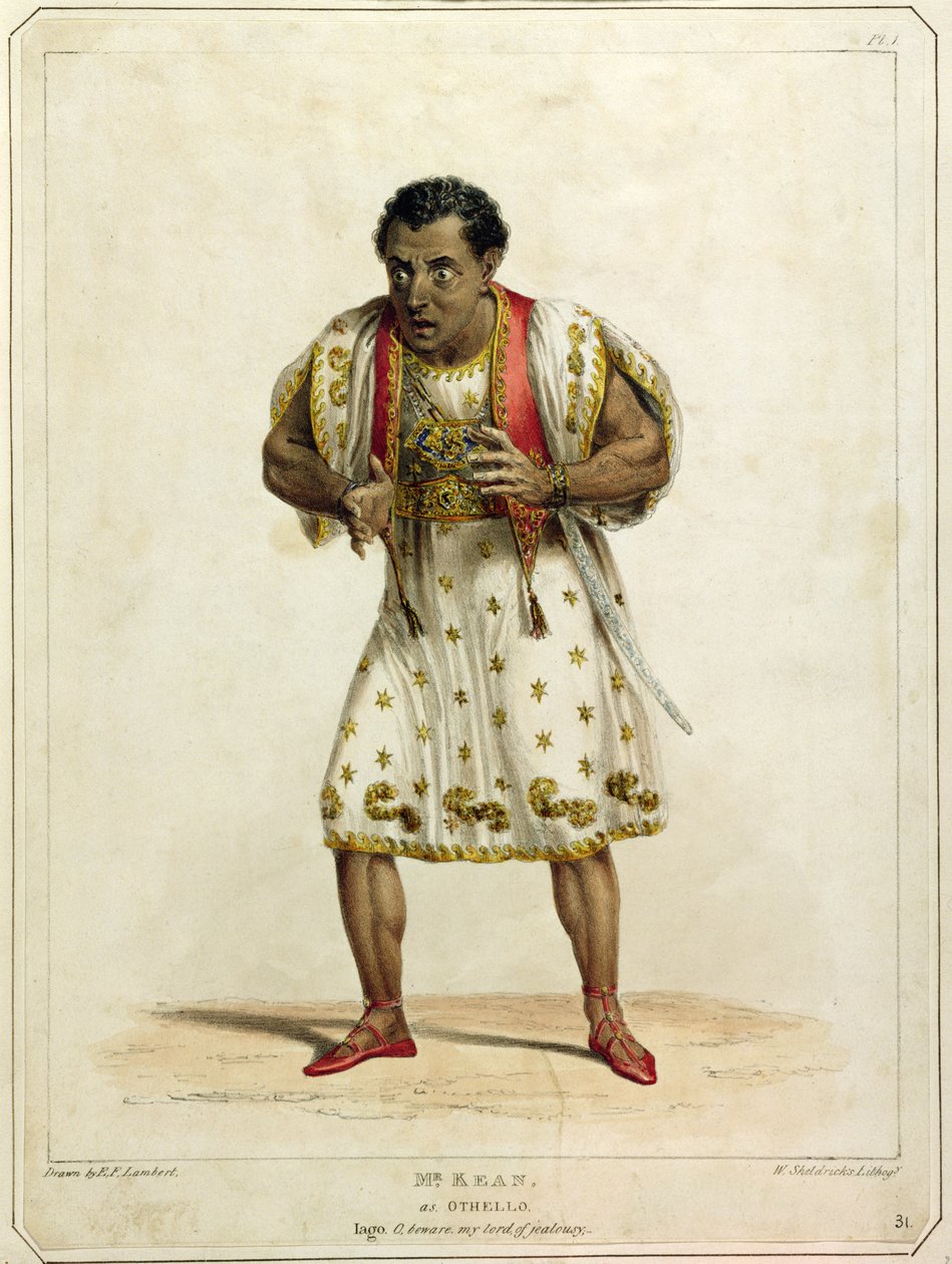 Portrett av Mr Edmund Kean (1787-1833) som Othello, gravert av W. Sheldricks (farget lito) av E.F. Lambert