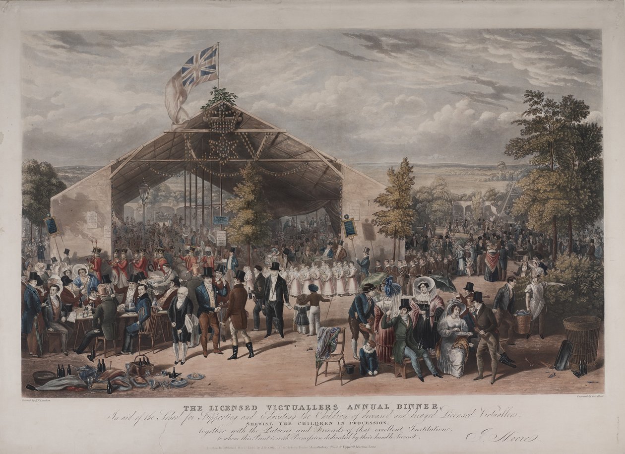 Utsikt over Licensed Victuallers årlige middag på Mermaid Tavern, Hackney, 1866 (akvatint) av E.F. Lambert