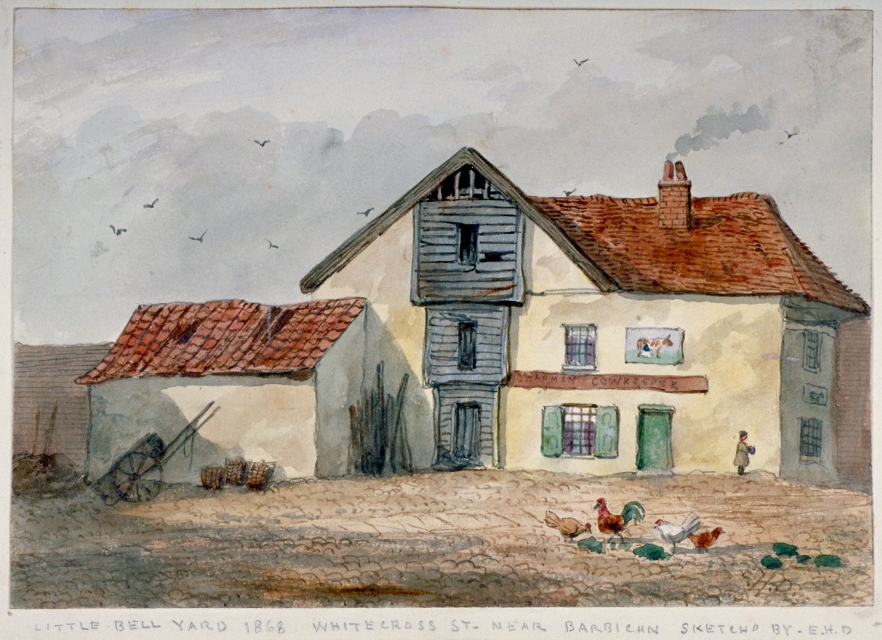 Utsikt over Little Bell Yard, Whitecross Street, med kyllinger i forgrunnen, London, 1868 av EH Davies
