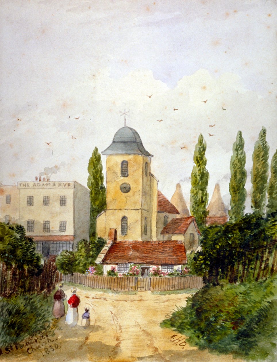 St Pancras Old Church og Adam and Eve Tavern, London, 1830. av EH Dixon