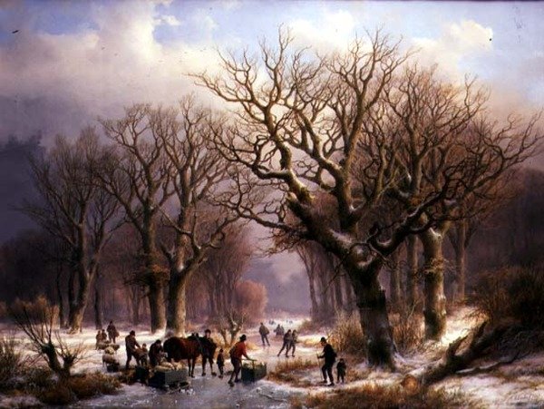 Et vinterlandskap (olje på lerret) av E.J. and Klombeck J.B. Verboeckhoven