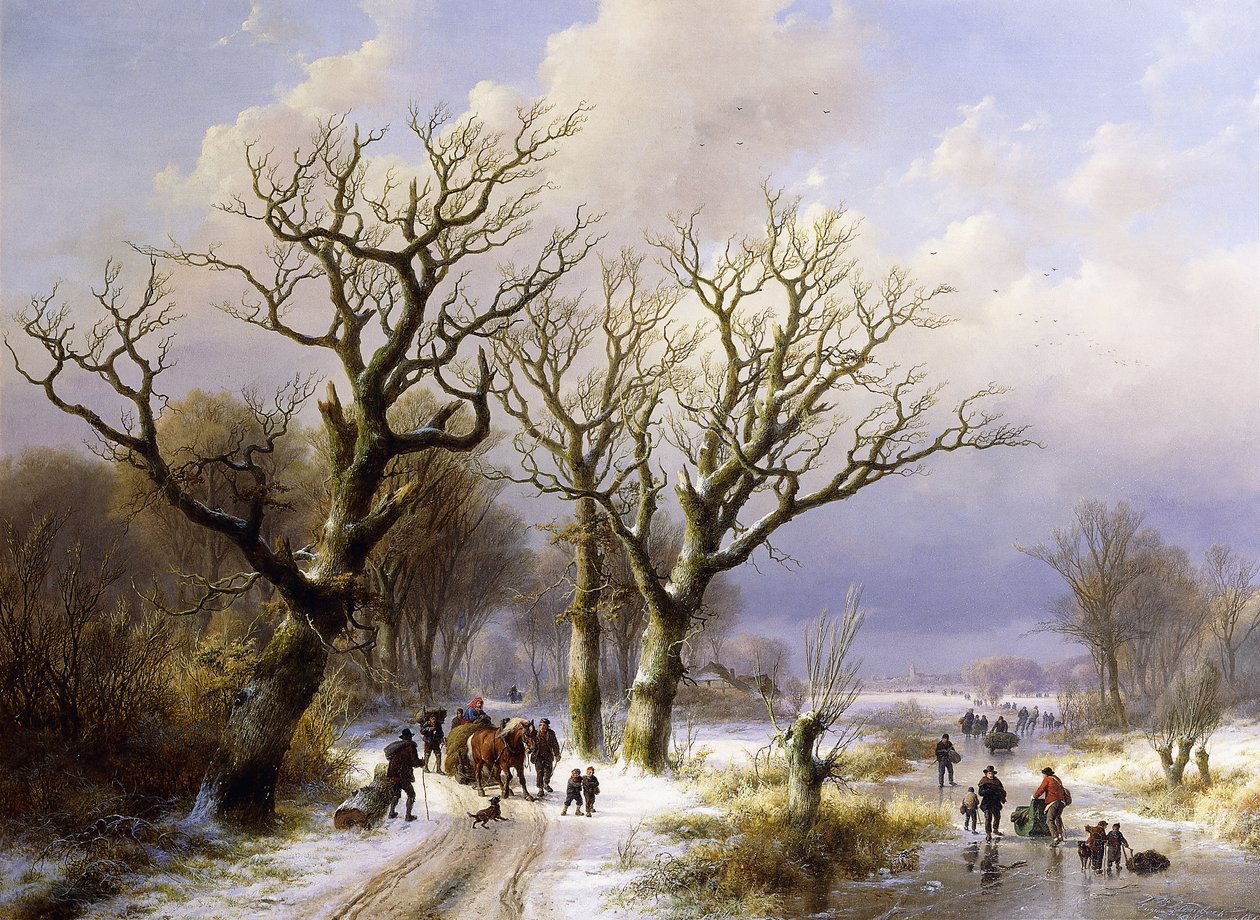 Et skogkledd vinterlandskap med figurer, 1863 av E.J. Verboeckhoven