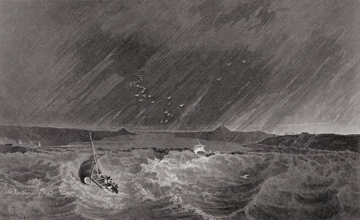 Båter som løper for ly fra en storm inn i Refuge Cove, natt til 7. juli 1926, fra 'Narrative of a Second Expedition to the Shores of the Polar Sea in the Years 1825-27' av Sir John Franklin (1786-18) av E.N. Kendall