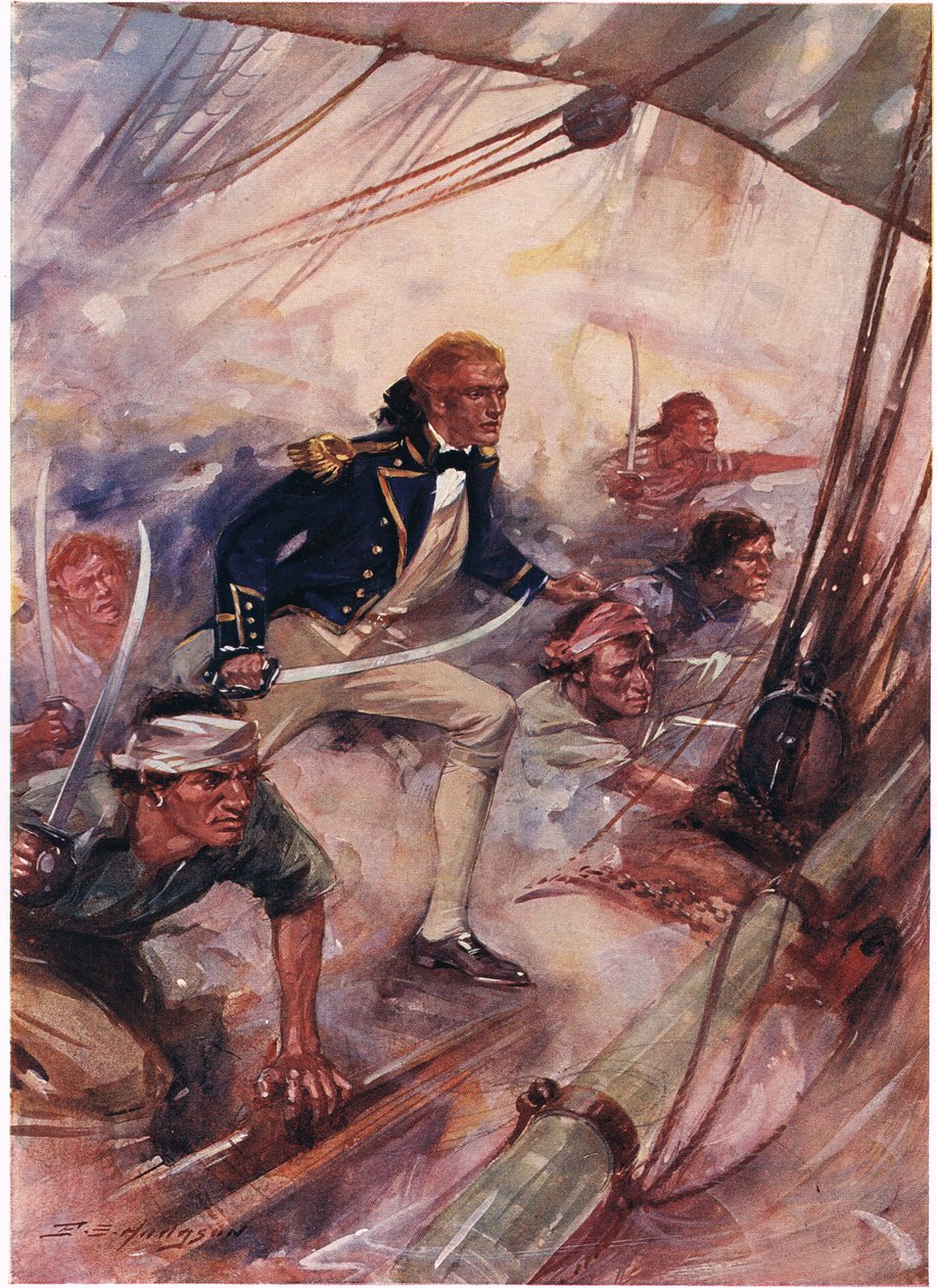 Nelson går ombord på San Josef i slaget ved St Vincent, illustrasjon fra 'British Battles on Land and Sea', utgitt av Cassell, London, ca. 1910 av E.S. Hodgson
