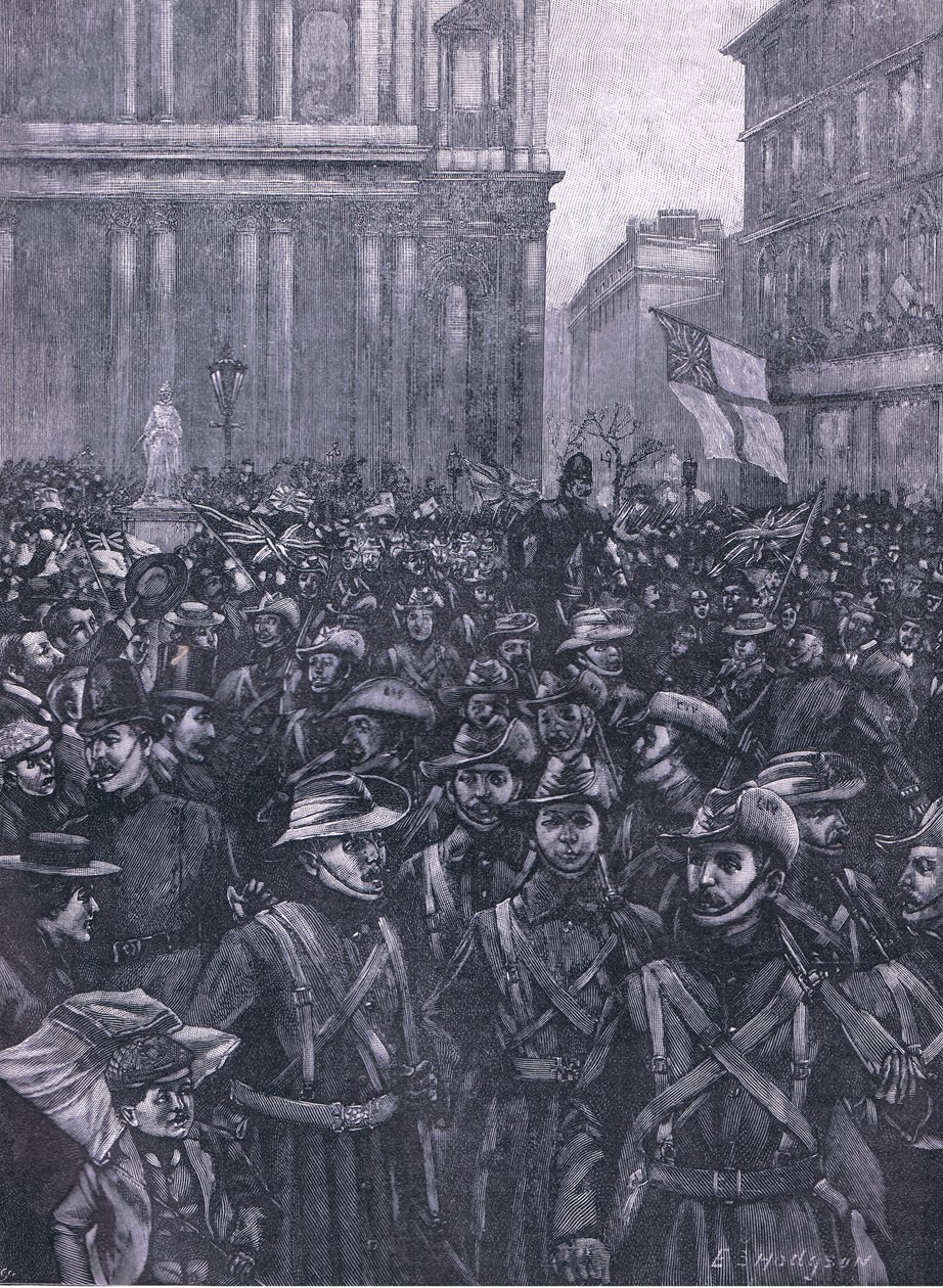 CIV-ene som marsjerer ned Ludgate Hill, på vei til Mansion House til Waterloo Station, illustrasjon fra Cassells History of England, 1900-tallet av E.S. Hodgson