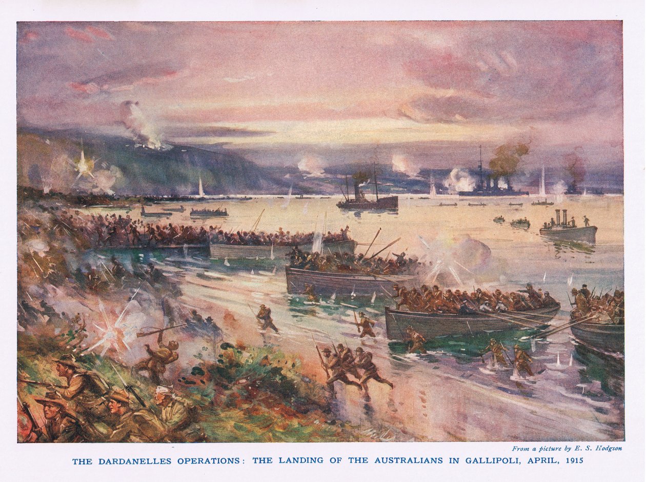 Dardanelles-operasjonene: Landingen av australierne i Gallipoli, april 1915 av E.S. Hodgson