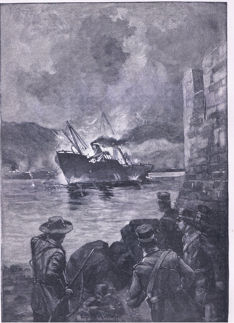 The Spanish American War: The sinking of the Merrimac, illustrasjon fra Cassells History of England, 1900-tallet av E.S. Hodgson