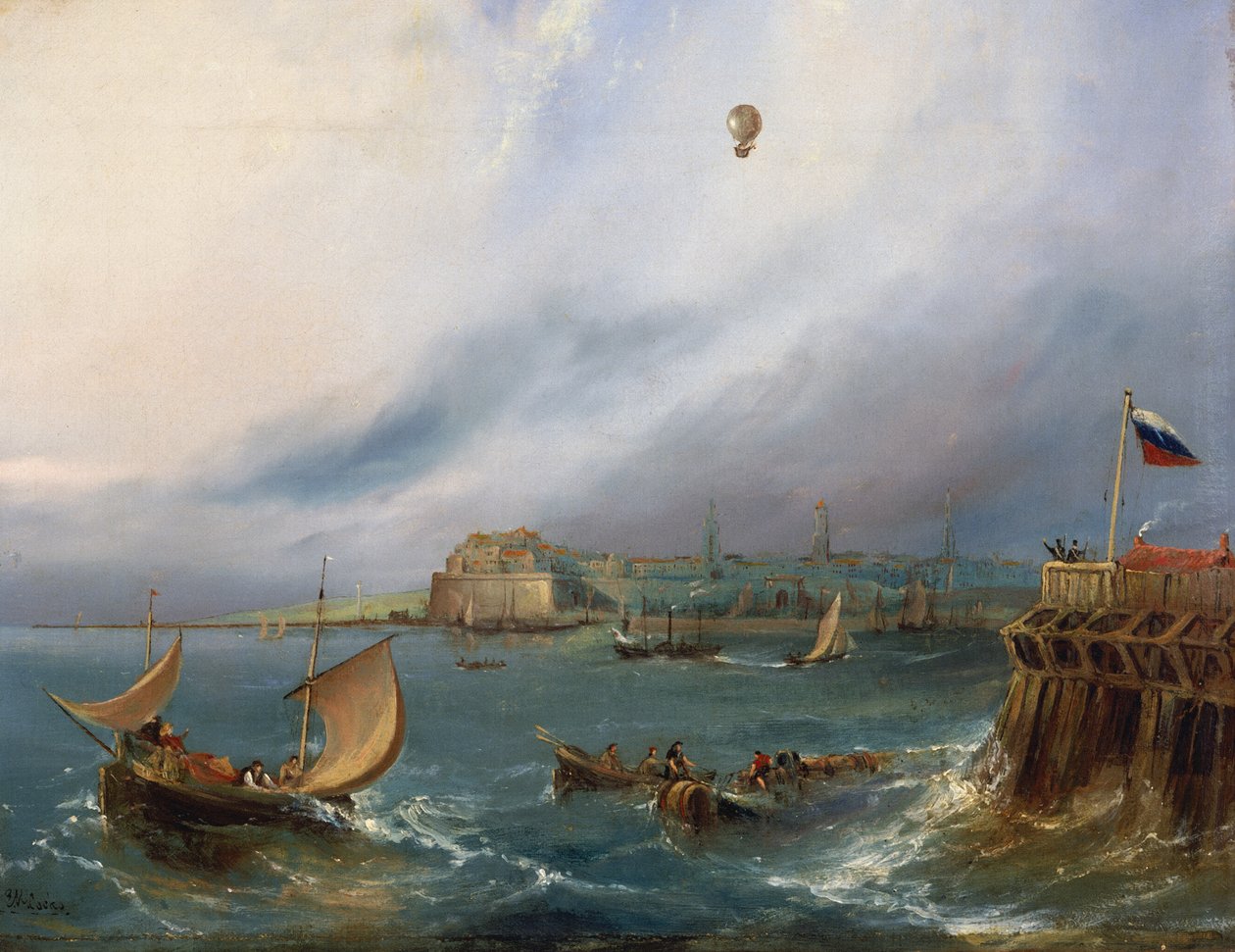 Den første ballongkryssingen av Den engelske kanal, 7. januar 1785, ca. 1840 av E.W. Cocks