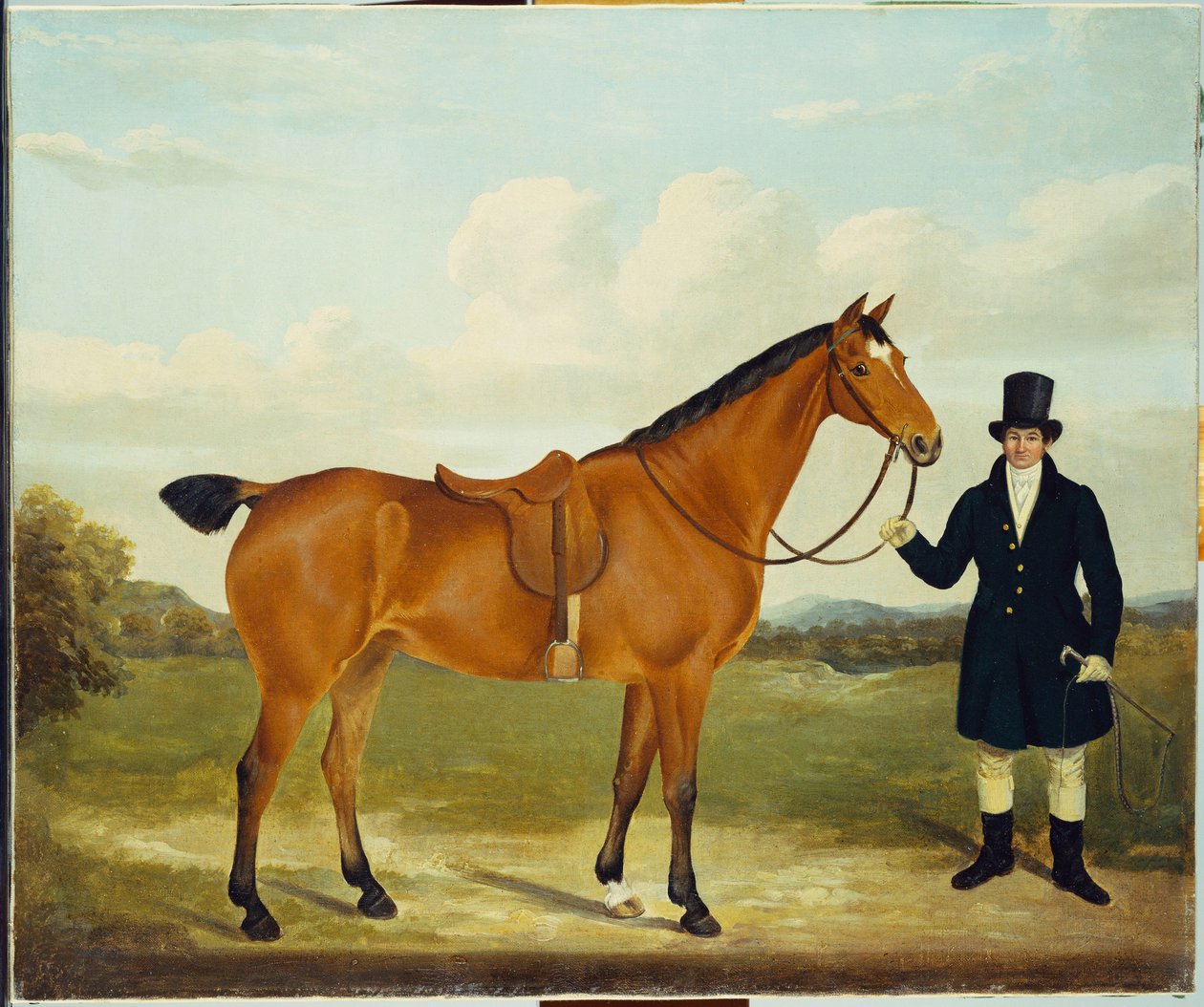 En gentleman som holder jegeren sin i et landskap av E.W. Gill