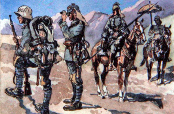 Tyske uniformer fra 1917, makedonsk front (farge litho) av E. (after) Dobrich