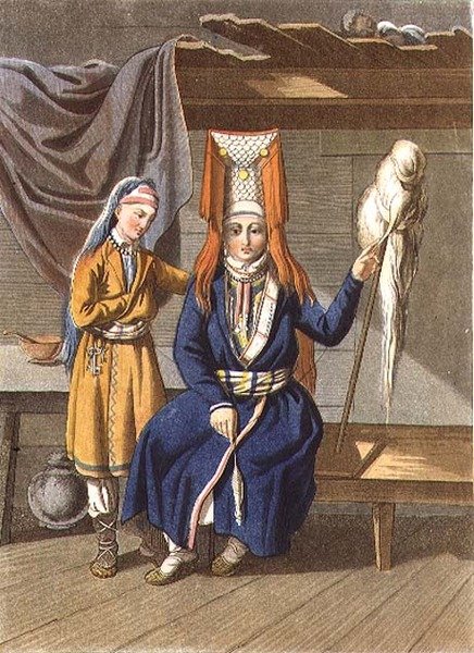 Votyak Women Spinning, gravert av Jegor Skotnikoff (1782-1843) (litho) av E. (after) Karnejeff