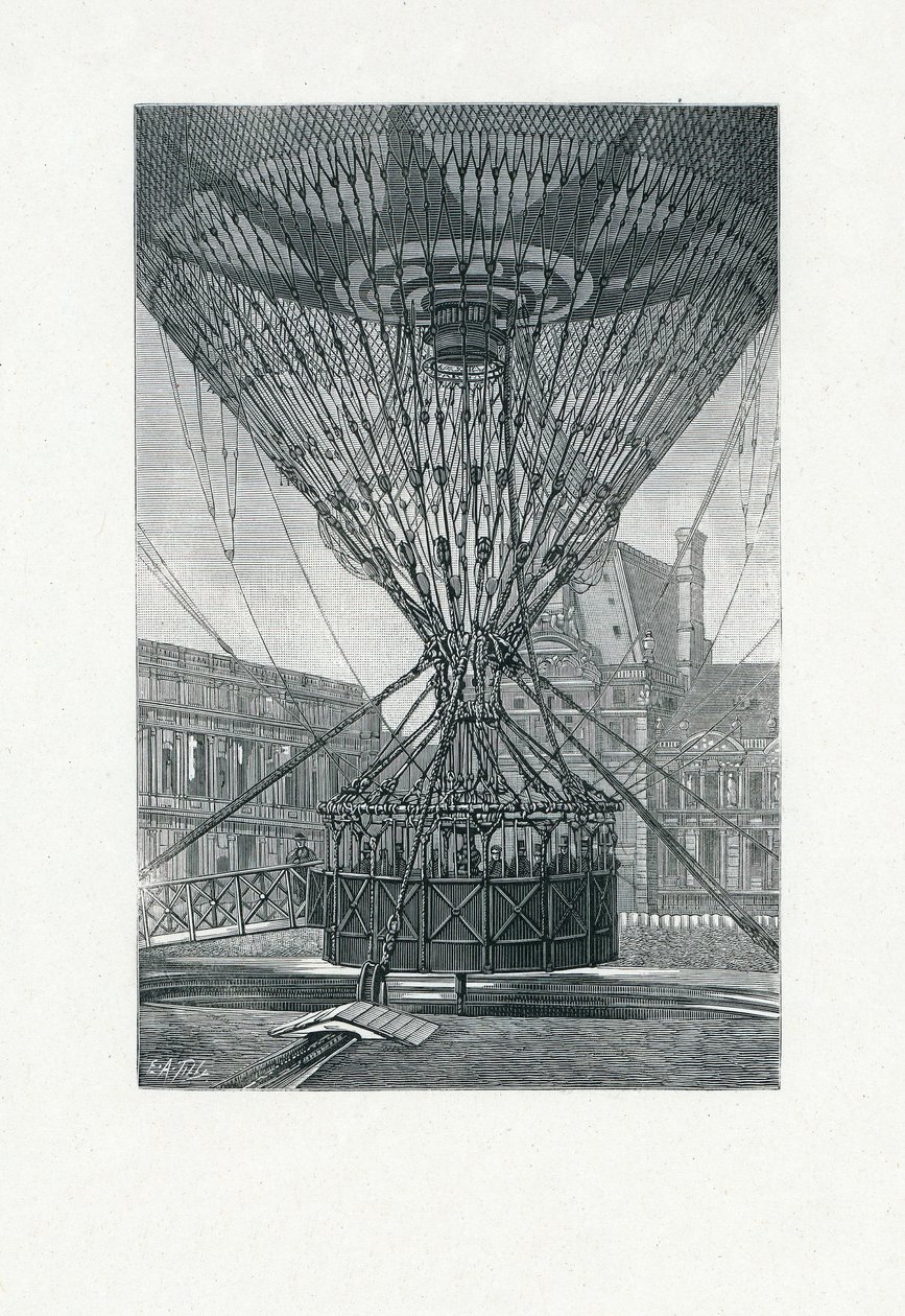 Panoramautsiktsplattform med varmluftsballong, pub. ca. 1880 (bw gravering) av E. A. Tilly