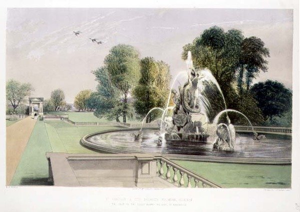 St. George and the Dragon Fountain, Holkham, pub. av Thomas McLean (litho) av E. Adveno Brooke