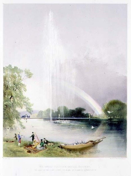 The Great Fountain, Enville Gardens, pub. av Thomas McLean (litho) av E. Adveno Brooke