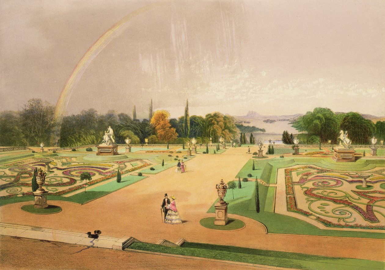 Utsikt i Gardens of Eaton Hall, pub. av Thomas McLean av E. Adveno Brooke