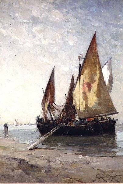 Fiskebåter fortøyd på stranden av E. Aubrey Hunt