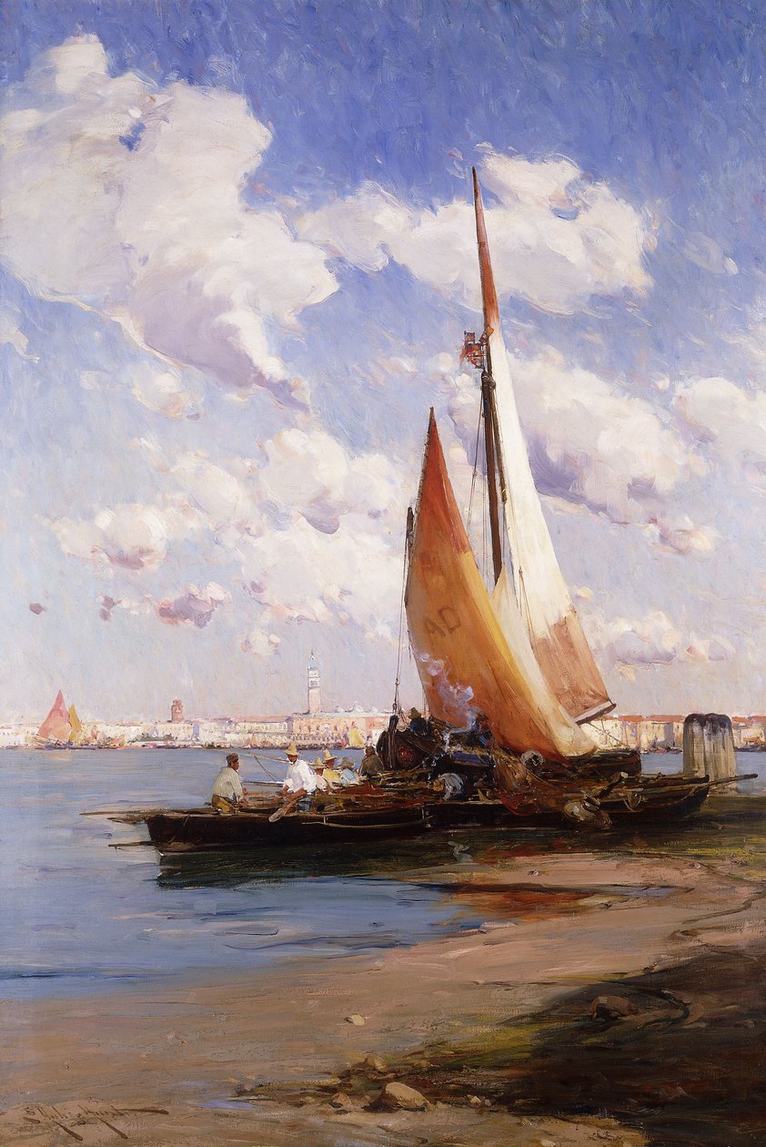 Fiskefartøy med Rivere degli Schiavoni, Venezia, bortenfor, av E. Aubrey Hunt