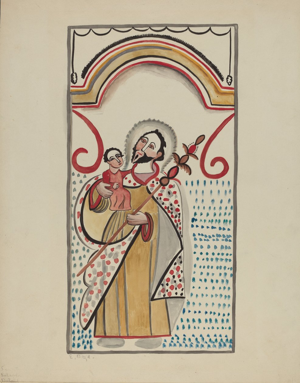 Detalj fra stort alter på østmuren til Sanctuario kirke i Chimayo. St. Christopher av E. Boyd