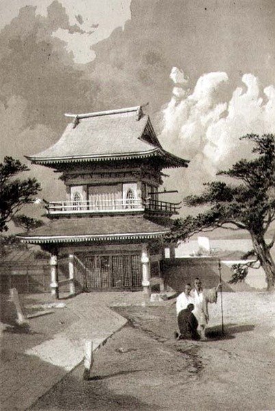 Inngang til et tempel på Hakotadi, pub. av Sarony & Co., ca. 1856 (litho) av E. Brown