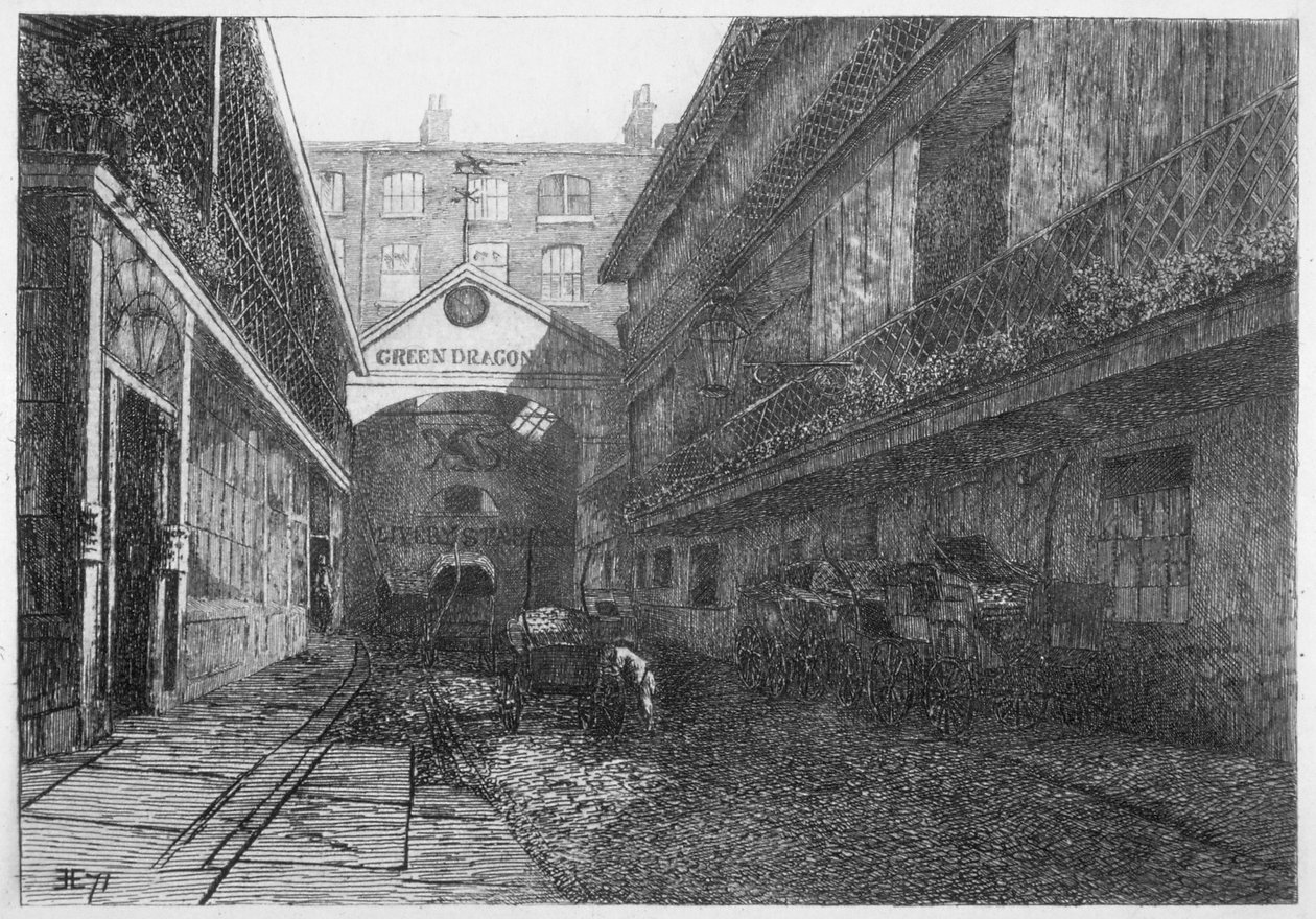 The Green Dragon Inn, Bishopsgate, City of London, 1871 av E Edwards